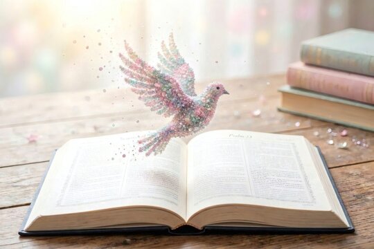 Light particle formation of a dove hovering above scripture page &mdash; serene, high‑concept artwork ideal for prayer cards, memorial programs, and contemplative designs.