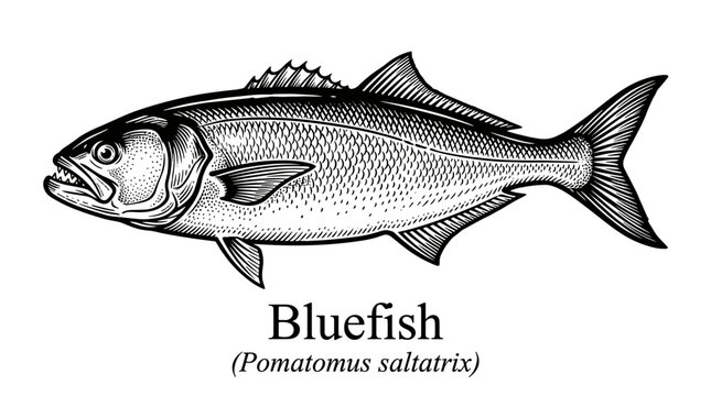 Bluefish Pomatomus saltatrix fish hand drawn engraving illustration