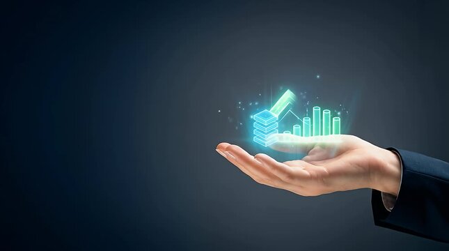 Futuristic Hand Displaying Holographic Financial Growth Visualization