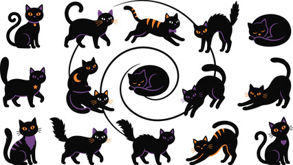Fototapeta premium Halloween color vector black cats crescent moons and spooky swirls