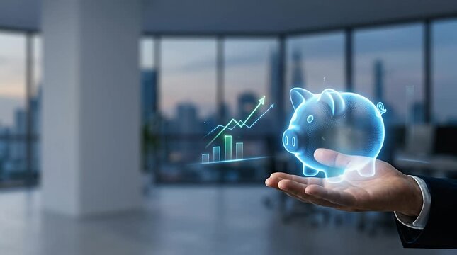 Glowing Holographic Piggy Bank with Financial Growth Graphs