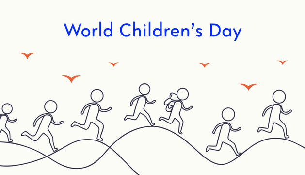 World Children's Day, kids running, stick figures, illustration, line art, minimalistic design