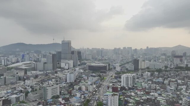 Aerial Drone View of Jongno Cityscape near Dongmyo Station and DDP Dongdaemun Design Plaza in Seoul, South Korea