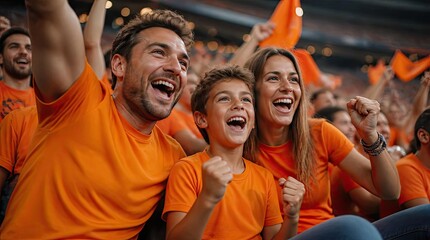 Naklejka premium Excited Diverse Family Cheering Enthusiastically at a Sports Game Wearing Matching Orange Team Apparel in a Stadium Atmosphere
