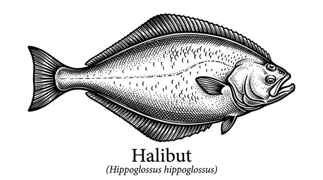Halibut fish illustration engraving style vintage vector