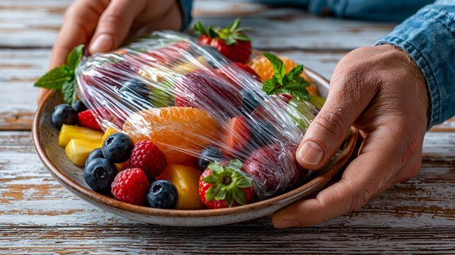 Hands holding a plate of fresh assorted fruit wrapped in plastic film with preservation, breakfast