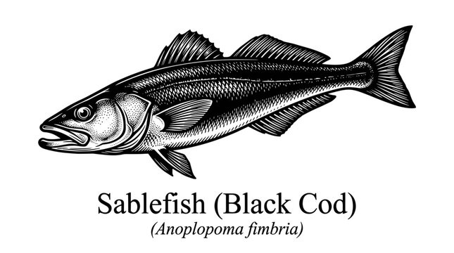 Sablefish or Black Cod fish illustration in vintage engraving style