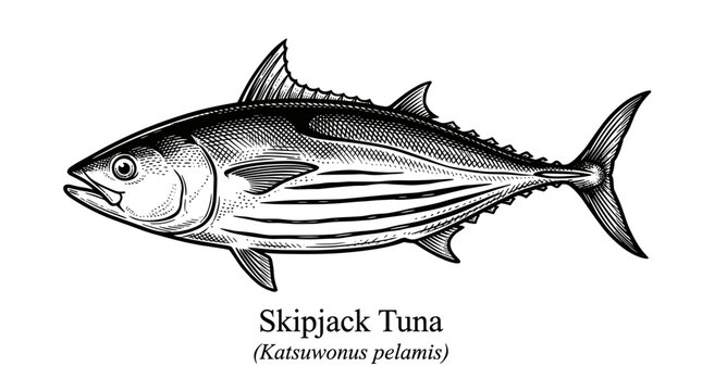 Skipjack tuna fish engraving style illustration isolated on white