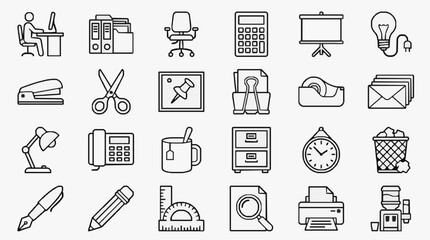 Fototapeta premium Dynamic Black and White Line Icons Set Featuring Office Supplies Tools and Work Environment Elements
