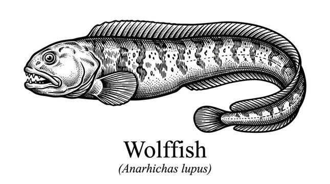 Wolffish Atlantic Anarhichas lupus engraving style illustration