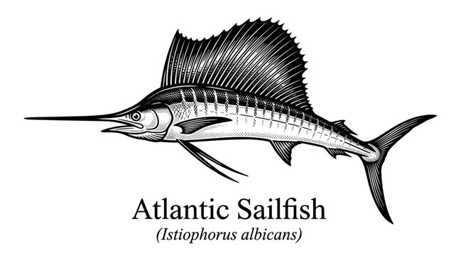 Atlantic sailfish engraving style illustration isolated on white