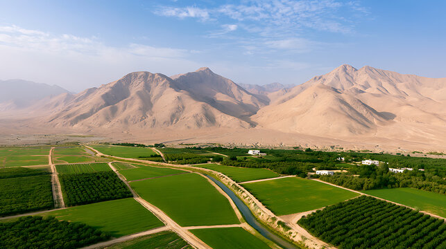 Vibrant green agricultural fields stretch towards rugged desert mountains under a clear blue sky, illustrating oasis landscape and human ingenuity