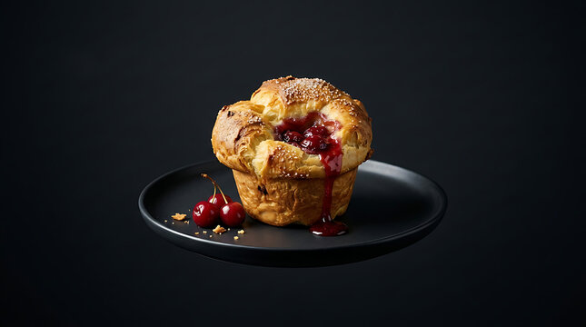 Delicious baked cherry popover pastry with dripping sweet red sauce on a sleek black ceramic plate