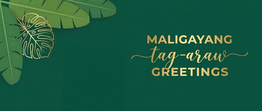 Maligayang tag araw summer greeting banner with green tropical banana leaves and monstera line art, celebrating happy summer season in Filipino language, elegant minimalist luxury template background