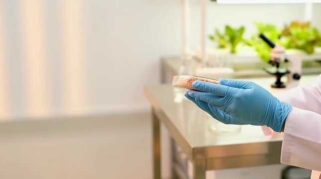 Bright Laboratory Scene with Scientist Holding Petri Dish Containing Lab-Grown Meat