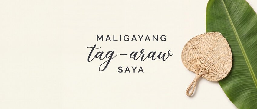 Filipino summer greeting banner background with woven hand fan and tropical green banana leaf flat lay on beige, Maligayang Tag-araw Saya text poster for seasonal local Philippine holiday celebration.