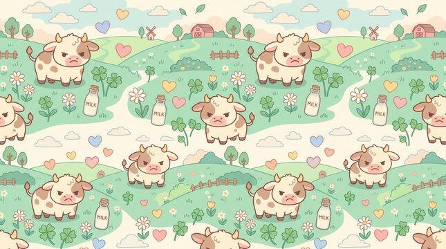 A playful pattern shows angry cows among milk bottles, clovers, hearts, and daisies