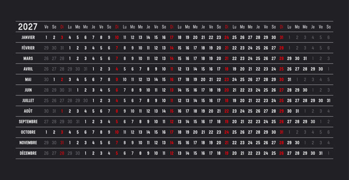 2027 calendar, linear and horizontal timeline planner on dark background, one page vector template, France French language
