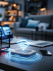 Fototapeta na wymiar Modern Wireless Router Broadcasting Wi-Fi Signal in a Cozy Home Office Environment