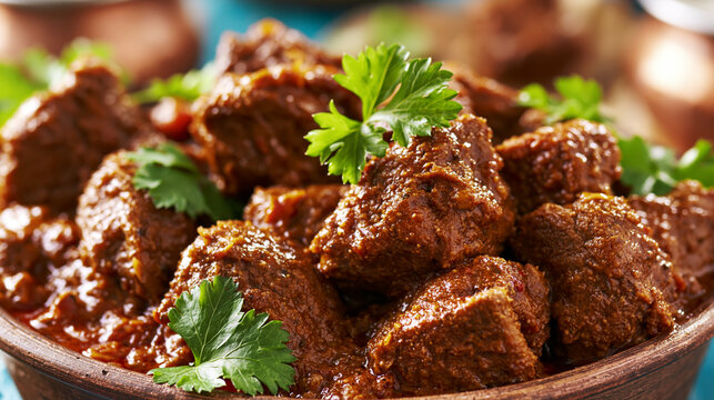 Spicy beef curry chunks garnished with fresh parsley homemade delicious nutrition culinary