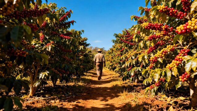 Coffee farmer walking along a dusty path between two lush rows of bushes heavily laden with ripe red cherries.