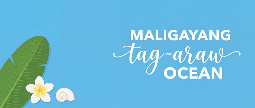 Maligayang tag araw summer banner with tropical plumeria flower, green banana leaf, and sea shell on blue background. Filipino happy summer greeting card design template with copy space for text.