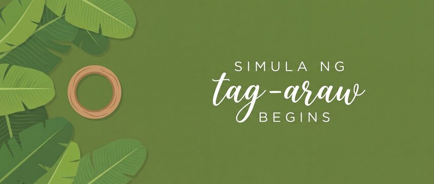 Summer banner tropical flat lay green background featuring banana leaves, wooden ring ornament, and Filipino text Simula ng tag-araw begins, perfect for seasonal advertising and travel concepts.