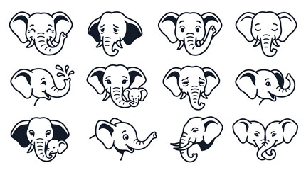Obraz premium collection of stylized elephant head icons and faces with various expressions, simple line art and pixelated designs, graphic elements