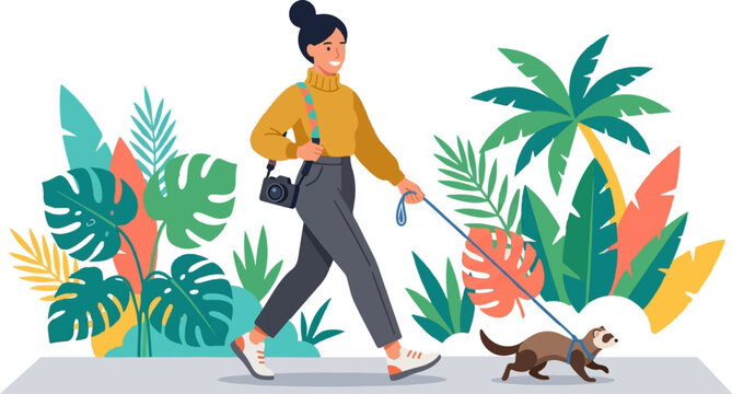 A cheerful woman walks her exotic pet ferret on a leash through a lush tropical garden with a camera. This modern flat vector illustration depicts a fun outdoor hobby and pet ownership.