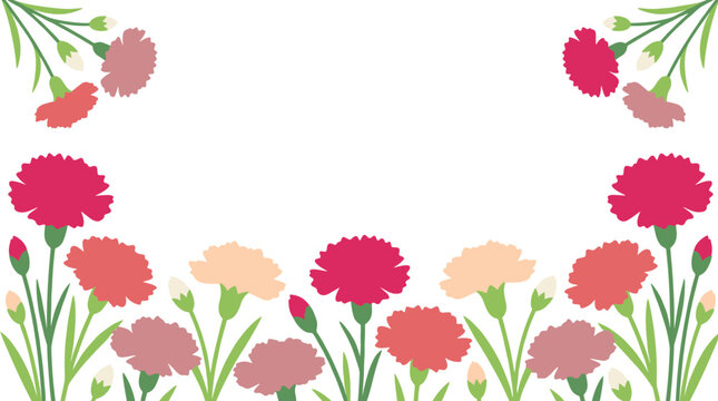 Frame of carnation flowers in various soft colors, with green leaves and buds, simple vector illustration for floral design
