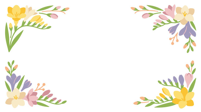 Corner floral arrangement with soft pastel colors, delicate freesia flowers and green leaves, spring greeting card design elements
