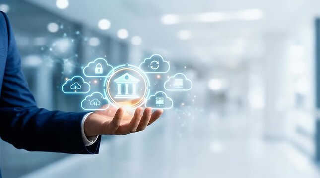 Professional Hand Presenting Digital Banking Icons in Modern Office