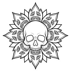 Fototapeta premium Gothic Skull Mandala with Monster Flower Petals Coloring Page