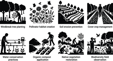 Fototapeta premium Set of sustainable agriculture and environmental conservation icons featuring farming practices, ecological restoration, and biodiversity monitoring concepts