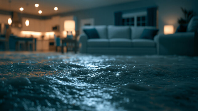 Flooded living room floor with water damage from internal house leak disaster emergency insurance