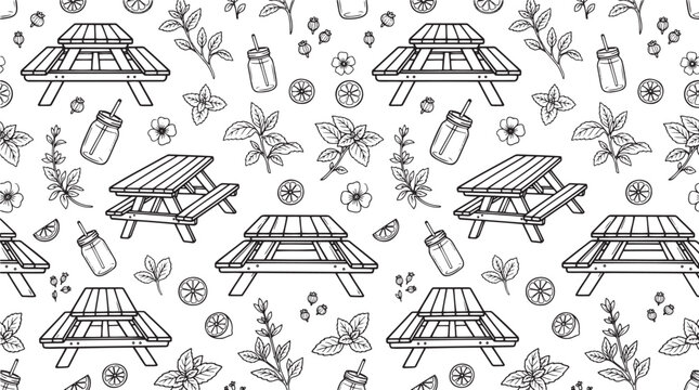 Picnic Table Seamless Pattern with Outdoor Doodle Elements