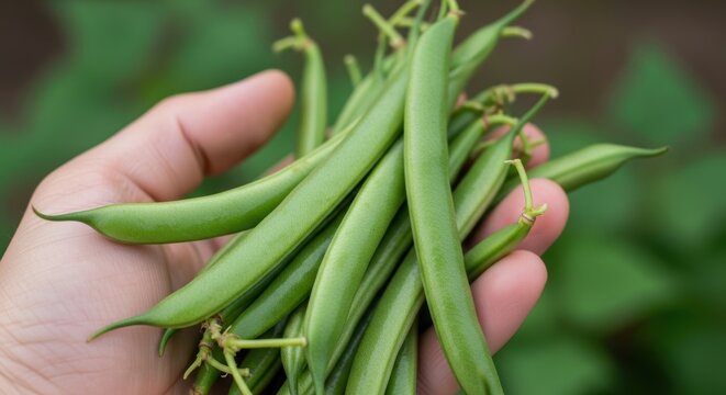 Freshly harvested green beans held in hand against a lush garden background