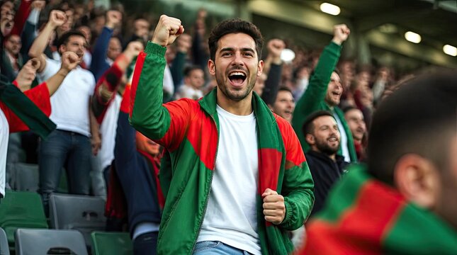 Excited Man Cheering Wearing Team Colors At A Sports Stadium With Crowd Behind Him During A Match