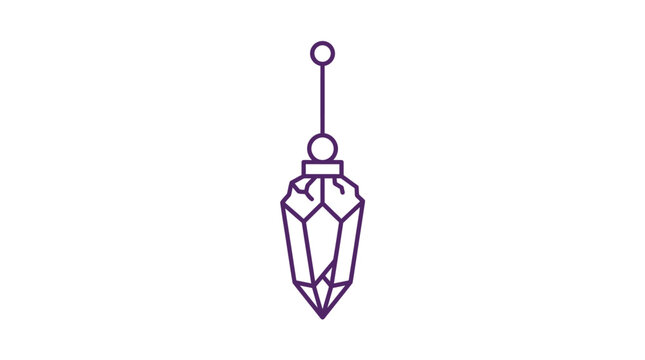 Hanging crystal pendulum icon, purple outline, minimalist design, white background.