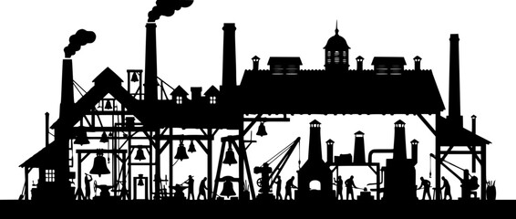 Obraz premium Silhouette of a Victorian bell foundry factory with industrial chimneys and workers