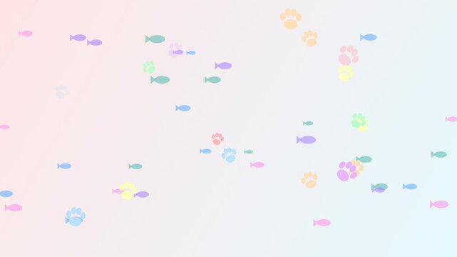 Cute animated background with colorful floating fish and animal paw prints on a soft gradient. Playful vector style motion graphics for kids, pets, and animal-themed design projects