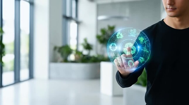 Innovative Hand Interacting with Holographic Eco-Friendly Icons in Modern Office