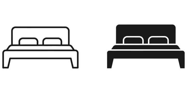 Double bed icon with two pillows on white and black backgrounds for sleep and comfort concepts