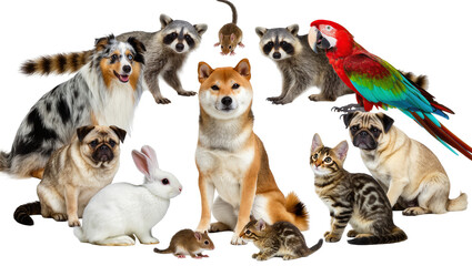 Collection of domestic and wild animals including dogs cats raccoons parrot rabbit, and mice © Ophelia