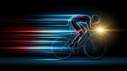 Fototapeta premium Dynamic cyclist in a futuristic neon light trail, illustrating speed and motion on a bicycle