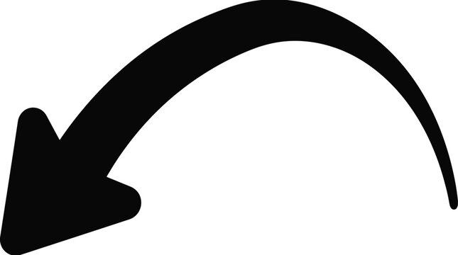 Hand drawn curved arrow sign pointing downward left isolated on white background