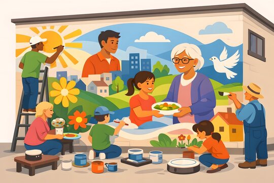 Community Mural Being Painted on Building Wall by Local Artists | Urban Public Art and Neighborhood Revitalization
