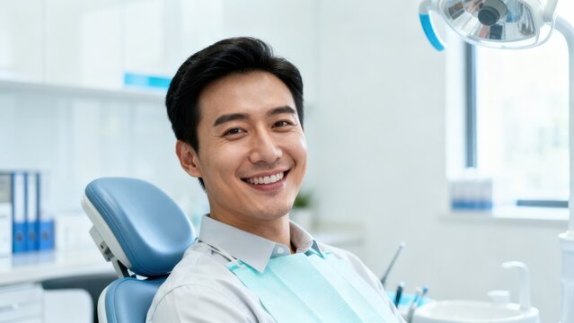Smiling Asian male patient sitting comfortably in a blue dental examination chair wearing a turquoise protective bib during a clinic appointment.