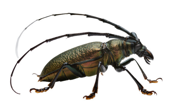 Green metallic longhorn beetle with long antennae