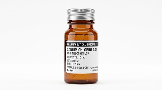 Pharmaceutical vial of sodium chloride solution with silver cap